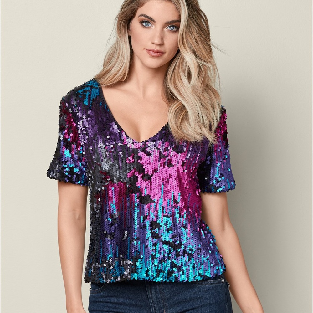 Venus All Over Sequin Top multi color Holiday top shirt New Year’s Eve